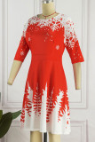 Red Casual Print Patchwork O Neck Princess Dresses