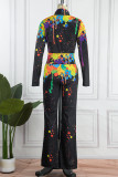 Black Casual Print Patchwork Zipper Collar Long Sleeve Two Pieces