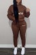 Dark Brown Casual Letter Print Basic Hooded Collar Long Sleeve Two Pieces