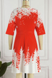 Red Casual Print Patchwork O Neck Princess Dresses