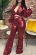 Burgundy Sexy Solid Bandage Patchwork Asymmetrical V Neck Long Sleeve Two Pieces
