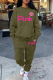 Army Green Casual Print Patchwork O Neck Long Sleeve Two Pieces