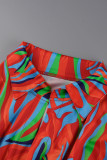 Red Sexy Print Patchwork Turndown Collar Straight Jumpsuits