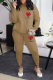 Khaki Casual Print Patchwork O Neck Long Sleeve Two Pieces
