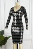 Black Sexy Sequins Patchwork V Neck One Step Skirt Dresses