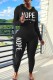 Black Casual Letter Print Basic Hooded Collar Long Sleeve Two Pieces