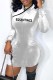 White Casual Letter Patchwork Mandarin Collar Long Sleeve Dresses