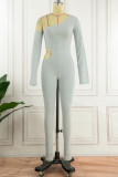 Grey Sexy Solid Hollowed Out One Shoulder Skinny Jumpsuits