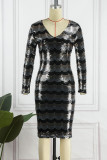 Black Sexy Sequins Patchwork V Neck One Step Skirt Dresses