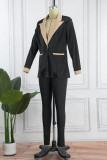 Blue Casual Solid Patchwork Turn-back Collar Long Sleeve Two Pieces