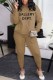 Khaki Casual Print Letter O Neck Long Sleeve Two Pieces