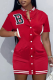 Red Casual Print Buckle Mandarin Collar Pencil Skirt Dresses