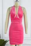 Pink Sexy Solid Patchwork Halter Sleeveless Two Pieces