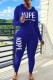 Blue Casual Letter Print Basic Hooded Collar Long Sleeve Two Pieces