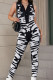 Black Street Print Patchwork Buttons Turndown Collar Skinny Jumpsuits