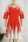 Red Casual Print Patchwork O Neck Princess Dresses