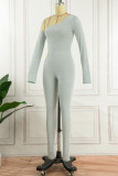 Grey Sexy Solid Hollowed Out One Shoulder Skinny Jumpsuits