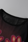Black Sexy Print Patchwork O Neck Tops
