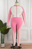 Pink Casual Patchwork Contrast Zipper Collar Plus Size Two Pieces