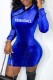 Blue Casual Letter Patchwork Mandarin Collar Long Sleeve Dresses