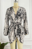 Black Sexy Print Bandage Patchwork Asymmetrical V Neck One Step Skirt Dresses