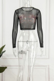 Black Sexy Print Patchwork O Neck Tops