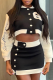 Black Casual Patchwork Buckle Mandarin Collar Long Sleeve Two Pieces