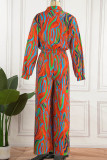 Red Sexy Print Patchwork Turndown Collar Straight Jumpsuits