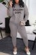 Grey Casual Print Letter O Neck Long Sleeve Two Pieces