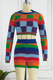 Red Sexy Plaid Print Patchwork O Neck Long Sleeve Two Pieces