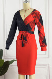 Red Casual Print Patchwork With Bow V Neck One Step Skirt Dresses