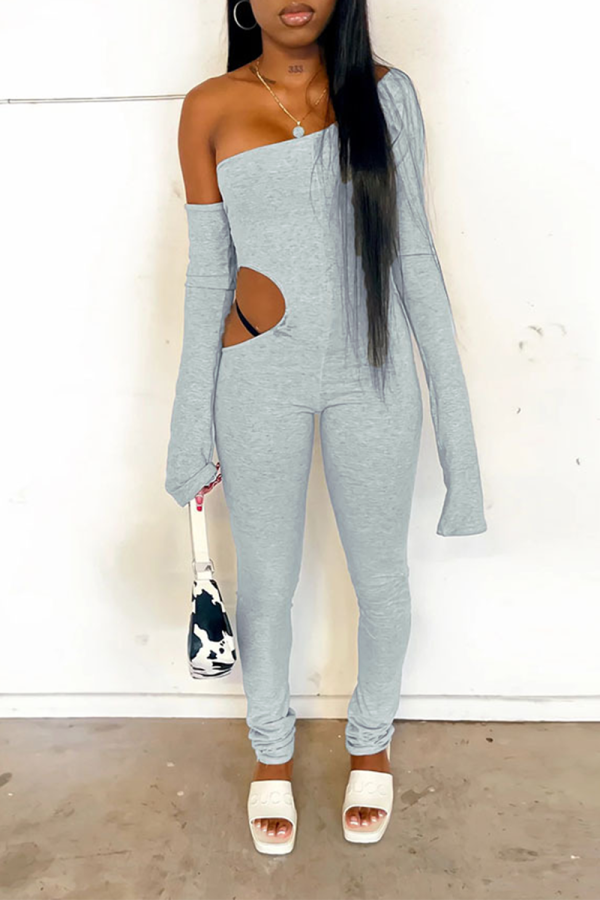 Grey Sexy Solid Hollowed Out One Shoulder Skinny Jumpsuits