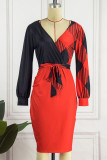Red Casual Print Patchwork With Bow V Neck One Step Skirt Dresses
