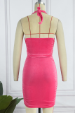 Pink Sexy Solid Patchwork Halter Sleeveless Two Pieces