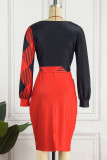 Red Casual Print Patchwork With Bow V Neck One Step Skirt Dresses