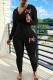 Black Street Print Patchwork Hooded Collar Long Sleeve Two Pieces
