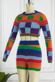 Red Sexy Plaid Print Patchwork O Neck Long Sleeve Two Pieces