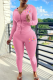 Pink Street Print Patchwork Hooded Collar Long Sleeve Two Pieces