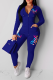 Royal Blue Street Print Letter Zipper Collar Long Sleeve Two Pieces