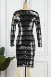 Black Sexy Sequins Patchwork V Neck One Step Skirt Dresses
