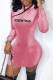 Pink Casual Letter Patchwork Mandarin Collar Long Sleeve Dresses