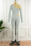 Grey Sexy Solid Hollowed Out One Shoulder Skinny Jumpsuits