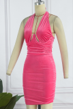 Pink Sexy Solid Patchwork Halter Sleeveless Two Pieces
