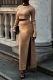 Khaki Sexy Solid High Opening O Neck Long Sleeve Two Pieces