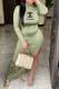 Green Casual Print Slit Letter Half A Turtleneck One Step Skirt Dresses
