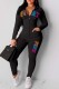 Black Casual Letter Print Patchwork Hooded Collar Long Sleeve Two Pieces