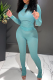 Green Solid Patchwork O Neck Long Sleeve Two Pieces