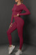 Burgundy Casual Sportswear Solid Patchwork O Neck Long Sleeve Two Pieces