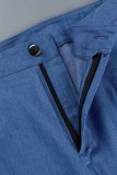 Blue Casual Solid Hollowed Out Patchwork Turndown Collar Long Sleeve Two Pieces