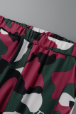 Red Street Camouflage Print Patchwork Turndown Collar Long Sleeve Two Pieces